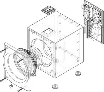 Cassa subwoofer Perlisten R10s in vista esplosa isometrica, struttura cubica trasparente, altoparlante, componenti interni e pannello posteriore