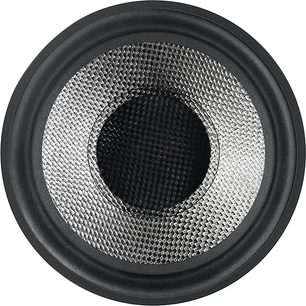Bowers & Wilkins DB3D svart lakkert bassreflekskabinett, nærbilde forfra, svart grill med honeycombmønster