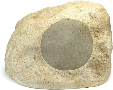 Boxă de exterior Klipsch PRO-10SW-RK finisaj sandstone în formă de rocă bej cu grilă frontală rotundă mare
