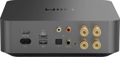 Amplificador hi-fi estéreo integrado WiiM Amp Pro space grey com conectores HDMI ARC, LAN, USB, RCA, óptico, Sub Out e terminais dourados.