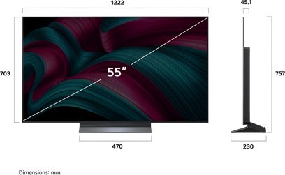 LG OLED55C5 fjernsyn i sort metal og plast, flad 55-tommers skærm med ultratynd ramme og trapezformet centralt fod, vist forfra samt fra siden i profil