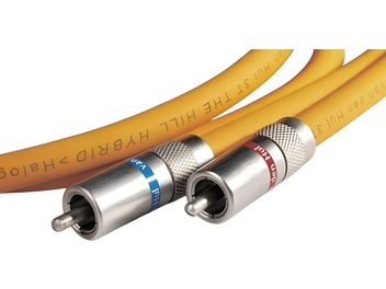 Audio kabel RCA Van den Hul 3T The Hill Hybrid 1 m žlutý, kovové konektory s červeným a modrým kroužkem, detailní záběr