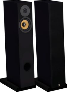 Gulvhøjttaler Davis Acoustics Courbet nr. 4 mat sort, set forfra og i trekvart vinkel, 2 cirkulære højttalerenheder, bass-reflex port