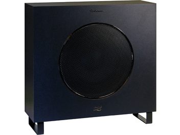 Siyah Cabasse Lipari 21 subwoofer, ön yüzünde siyah ızgara arkasında dairesel hoparlör, mat siyah kasa