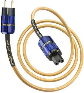 IsoTek EVO3 Elite strømforsyningskabel, længde 2 meter, Schuko og IEC C15-stik, gul translucent kappe