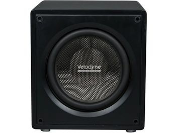 Velodyne VI-Q 15 fekete mélyláda elölnézeti képe, fényes kocka alakú kabinet és középen elhelyezett, szövetmembrános hangszóró