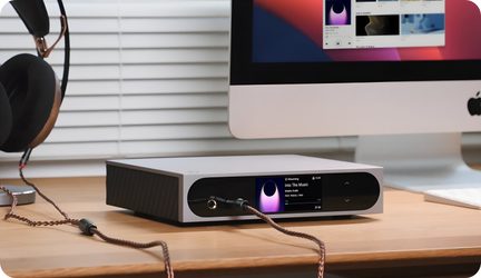 Pelēka, matēta alumīnija hi-fi audio korpuss, skats no priekšpuses pa kreisi trīs ceturtdaļās, ovāla melna priekšpuse ar krāsu ekrānu un divām skārienjutīgām pogām, pieslēgta austiņu ligzda un kreisais sāns ar ventilācijas ribām