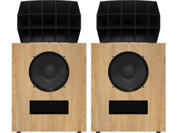 Pora lentyninių garsiakalbių Klipsch kO-R2 red oak, šviesaus medžio priekinė panelė, juodas raginis garsiakalbis ir žemadažnis garsiakalbis