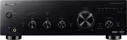 Pioneer A-70-K sort hi-fi stereoforstærker, frontvisning, knapper og stik på forsiden, blå LED-display, mat sort finish