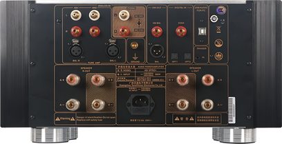 Tonewinner AD3 Pro+ integreret stereo transistorforstærker set bagfra med højttalerterminaler og forgyldte RCA- og XLR-indgange