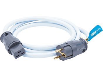 Kabel zasilający Supra LORAD 2.5 CS-16-EU 1,5 m, w jasnoniebieskiej osłonie plastikowej, z szarą wtyczką Schuko o pozłacanych bolcach, złączem IEC