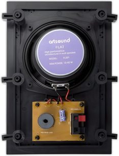 Вбудована настінна акустична система ArtSound FL301, вигляд ззаду, центральний вуфер з фіолетовою етикеткою та видимою електронною платою