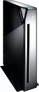 Panasonic DMP-BBT 01 EGK sort 4K Blu-ray-afspiller, set forfra, i lodret position, frontpanel med diskskuffe