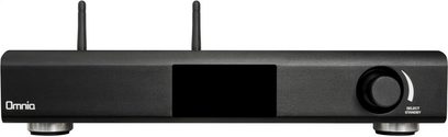 Omnia A-200 sort hi-fi stereoforstærker set forfra, 2 Wi-Fi-antenner, LCD-skærm, drejeknap, tilslutninger på bagsiden