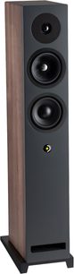 Gulvhøyttaler Davis Acoustics Krypton 6 Classik valnøtt, perspektivvisning, svart front med 3 høyttalere og rektangulær bassrefleksport