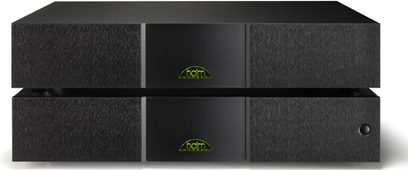 Naim Audio NAP 300 sort mat effektforstærker, to ovenpåliggende kabinetter, grønne cirkulære logoer