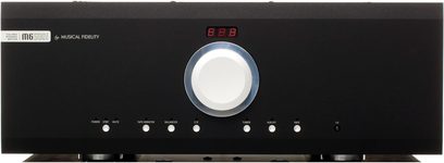 Musical Fidelity M6si500 sort stereo hi-fi integreret forstærker med sølvfarvet cirkulær centerknap, rød skærm og 9 hvide knapper