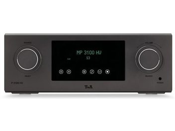 Schwarzer Stereo-Vorverstärker T+A P 3100 HV, von vorne gesehen, mit zentralem Display und zwei großen Drehreglern mit silbernen Rändern
