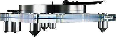 Hi-fi gramofon Thorens TD 2030, průhledný akryl, pohled shora, průhledné šasi, černé raménko