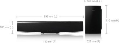 Samsung HTX-810 sort soundbar, set forfra og fra siden, med dimensioner i millimeter vist på diagrammet
