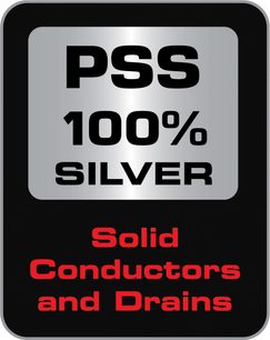 Černá a šedá obdélníková etiketa "PSS 100% SILVER Solid Conductors and Drains" na černém pozadí
