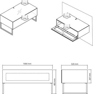 Norstone Design Khalm sort TV-møbel med dimensioner, top- og frontvisning, teknisk diagram, rene linjer