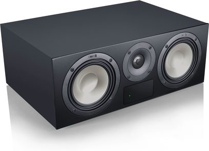 Diffusore attivo Canton Smart GLE 5 S2 nero, formato orizzontale, due altoparlanti mid-woofer chiari e tweeter centrale vista 3/4