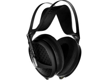 Hi-fi навушники Meze Audio Empyrean II чорні накладні, подвійне карбонове оголів'я та відкриті чаші з геометричним візерунком решітки