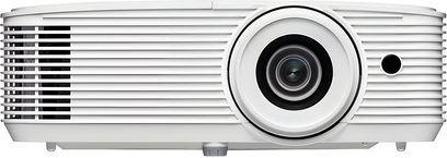 Optoma HD30LV hvid videoprojektor i plast, set forfra, stort centralt objektiv, facade med vandrette lameller