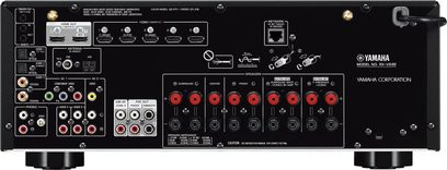 Yamaha RX-V685 sort hjemmebiografsforstærker, frontpanel, frontvisning, med mange stik, knapper og indikatorer