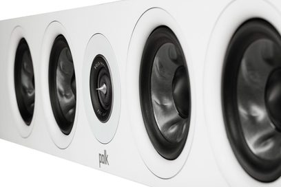 Polk Audio R350 vita akustiska högtalare, närbild framifrån av 4 runda högtalarelement i horisontell rad