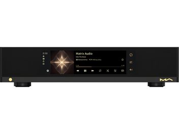 Δικτυακό audio player Matrix Audio MS-1c μαύρο, μπροστινή όψη με μεγάλη κεντρική έγχρωμη οθόνη και χρυσό λογότυπο