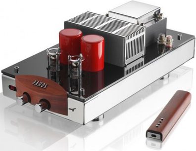 Amplificatore hi-fi stereo Pathos Classic One MkIII, telaio in metallo e legno, valvole a vuoto, pannello frontale, telecomando