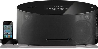 Harman Kardon MS150 oval sort bordradio, LCD-skærm, touch-knapper, integreret smartphone-holder