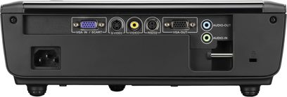 Optoma ES526 videoprojektor, bagside, audio-video-tilslutninger VGA, S-Video, RS232, audio ind/ud