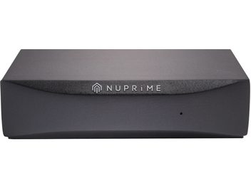 Nuprime Omnia Stream Mini -verkkosoidinsoitin, musta, etupuoli, kaiverrettu logo, LED-valo, kompakti suorakulmainen muoto