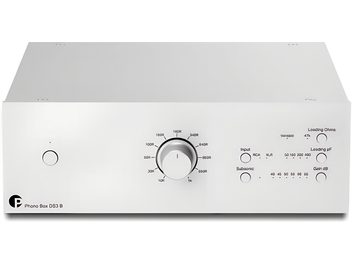 Pro-Ject Phono Box DS3 B silver phono preamplifier, front view with large central selector and round buttons