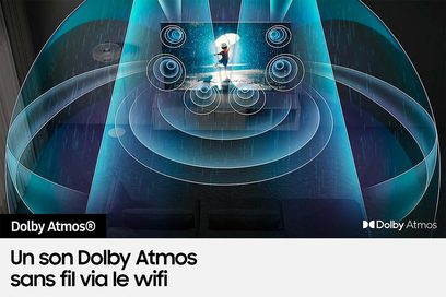 Samsung 65QN700B 2022 TV set forfra, buet skærm der viser et animeret figurbillede på en futuristisk blå baggrund