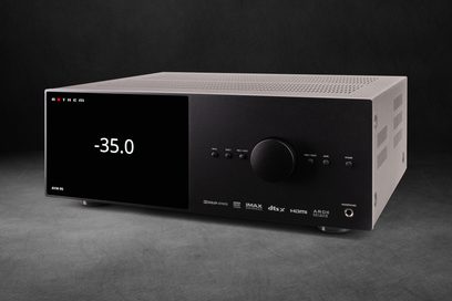 Anthem AVM 90 8K black home theater preamp, front view, display showing "-35.0", front buttons and connectors