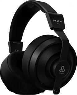 Schwarzer Final DX4000 CL Hi-Fi-Kopfhörer, gepolsterter Kopfbügel, große texturierte ohrumschließende Ohrmuscheln in Seitenansicht