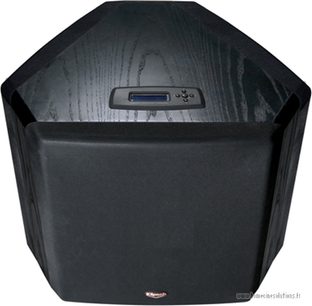 Klipsch RT-10d subwoofer i sort, set forfra, frontpanel i mørkt træ, integreret LCD-skærm i midten