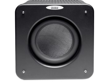 Subwoofer Velodyne MicroVee X negro, panel frontal, altavoz circular, rejilla metálica, logotipo blanco