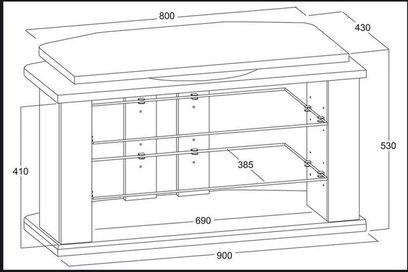 Lyst træmøbel til TV med 2 døre, 4 hylder og 1 central niche, set forfra med mål i mm, 900x800x430