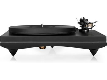Giradischi Gold Note Pianosa nero con braccio B-5.1, vista dall'alto, piatto rotante nero, braccio di lettura nero, base rettangolare nera