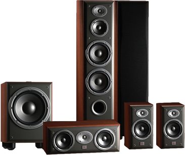 JBL Northridge E80 cherry wood floorstanding speaker pack with bookshelf speakers, center channel, and satellite speakers