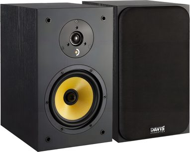 Reproduktory Davis Acoustics Ariane 2 v černé barvě, černé dřevěné skříně, pohled ze tří čtvrtin, žlutý kryt a woofer