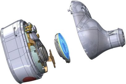 Bezdrátová sluchátka Devialet Gemini II iconic bílá, 3D rozložený pohled z profilu, oválné náušníky, zakřivený oblouk, bílá úprava