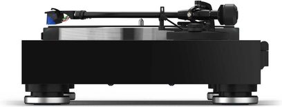 Platine vinyle Reloop TURN X noire, vue de face, plateau en aluminium brossé, bras de lecture droit avec cellule, sans capot