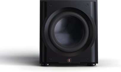 Basskasse Perlisten R10s, frontvisning, matt svart kabinett, sentralt sirkulært høyttalerelement med teksturert membran, synlige føtter
