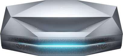 Βιντεοπροβολέας AWOL Vision Aetherion Max γκρι ανθρακί με ανάγλυφες επιφάνειες, εμπρόσθια όψη, διάτρητη πρόσοψη και μπλε φωτεινή γραμμή